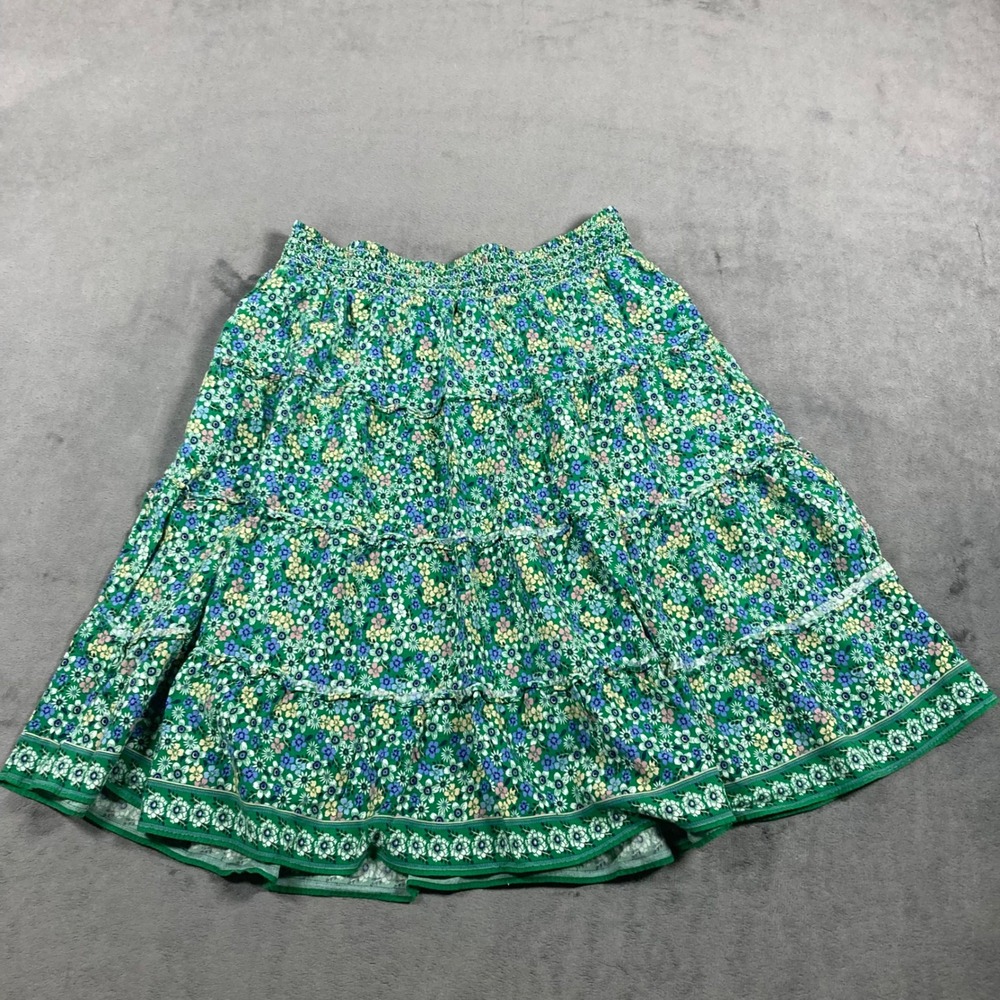 Max Studio Green Floral Tiered Mini Skirt Smocked Waist Boho Rayon Size S